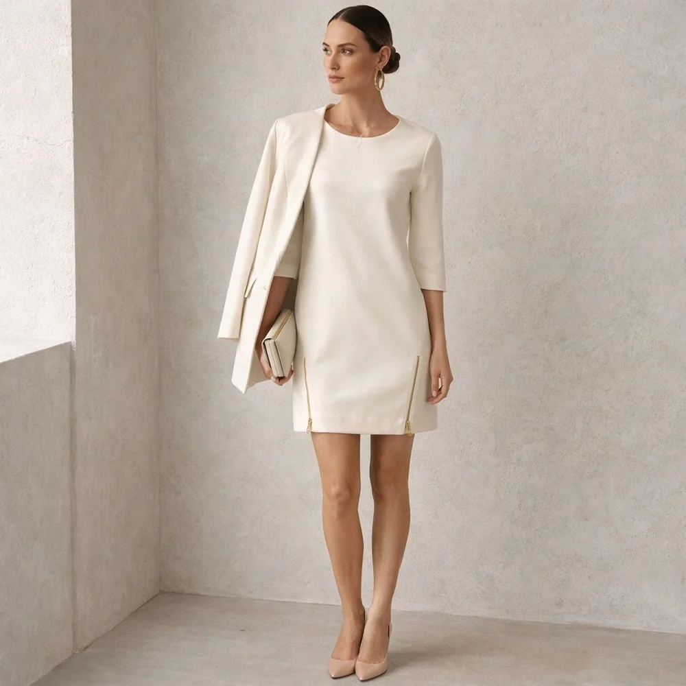 J.Crew Ivory Shift Dress Double Zip Hem Womens Size 4 Minimalist Career